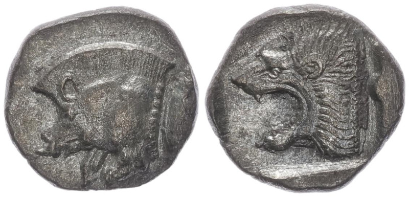 Mysia, Kyzikos. AR Obol. 0.79 g 11.44 mm. Circa 450-400 BC. 
Obv: Forepart of bo...