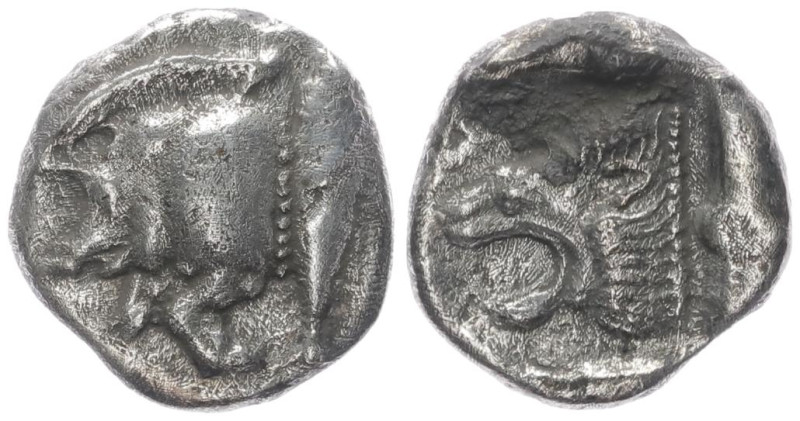 Mysia, Kyzikos. AR Diobol, 1.09 g 10.94 mm. Circa 450-400 BC. 
Obv: Forepart of ...