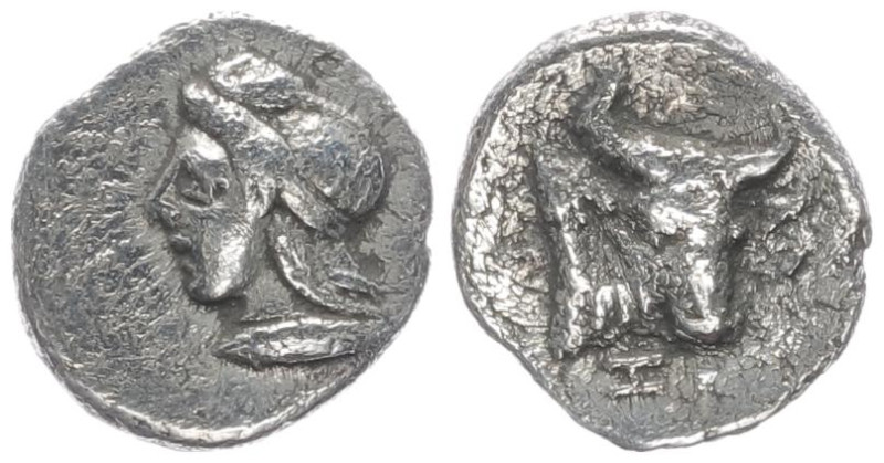 Mysia, Kyzikos. AR Hemiobol. 0.34 g 7.65 mm. Circa 410-400 BC. 
Obv: Head of Att...