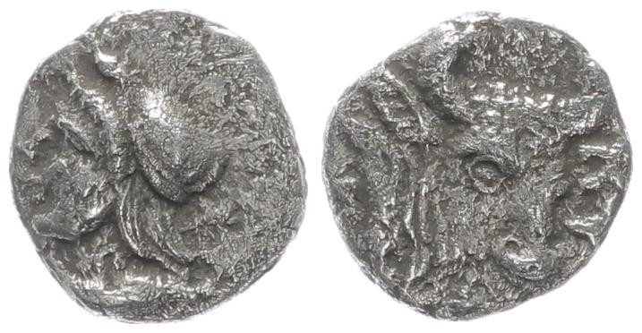 Mysia, Kyzikos. AR Hemiobol. 0.31 g 7.15 mm. Circa 410-400 BC. 
Obv: Head of Att...