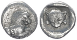 Asia Minor, Uncertain mint.AR Diobol, 1.17 g 11.18 mm. Circa 500 BC.
Obv: Forepart of horse right 
Rev: Head of panther facing within incuse square.
R...