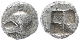 Asia Minor, uncertain mint. AR Obol, 0.67 g 8.06 mm. Circa 480-450 BC. 
Obv: Helmet to left 
Rev: Quadripartite incuse square. 
Ref: SNG Kayhan 743 (I...