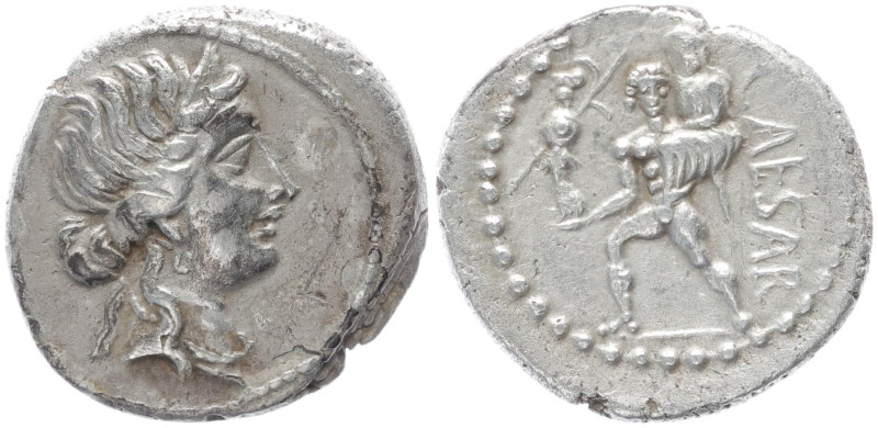 Julius Caesar, 48-47 BC. AR, Denarius. 3.85 g. 18.50 mm. African mint.
Obv: Hea...