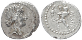 Julius Caesar, 48-47 BC. AR, Denarius. 3.85 g. 18.50 mm. African mint.
Obv: Head of Venus, right, wearing diadem. Border of dots.
Ref: CAESAR Aeneas...