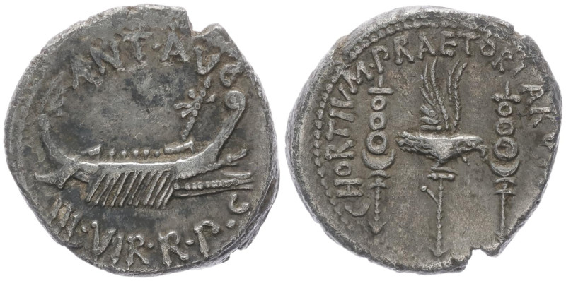 Mark Antony, 31-32 BC. AR, Denarius. 3.63 g. 17.63 mm. Legionary issue.
Obv: ANT...