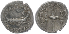 Mark Antony, 31-32 BC. AR, Denarius. 3.63 g. 17.63 mm. Legionary issue.
Obv: ANT AVG III VIR R P C. Praetorian galley to right.
Rev: CHORTIVM PRAETORI...
