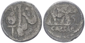 Julius Caesar, 49 BC. AR, Denarius. 3.47 g. 17.42 mm. Rome.
Obv: Emblems of the pontificate: simpulum, aspergillum, securis and apex.
Rev: CAESAR. Ele...