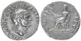 Vespasian, 69-79 AD. AR, Denarius. 3.14 g. 18.35 mm. Rome.
Obv: MP CAESAR VESPASIANVS AVG. Head of Vespasian, laureate, right.
Rev: COS ITER TR POT. P...