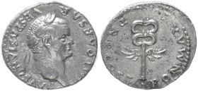 Vespasian, 69-79 AD. AR, Denarius. 3.23 g. 19.55 mm. Rome.
Obv: IMP CAESAR VESPASIANVS AVG. Head of Vespasian, laureate, right.
Rev: PON MAX TR P COS ...