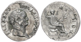 Vespasian, 69-79 AD. AR, Denarius. 3.25 g. 18.93 mm. Rome.
Obv: IMP CAES VESP AVG CENS. Head of Vespasian, laureate, right.
Rev: PONTIF MAXIM. Vespasi...