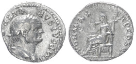 Vespasian, 69-79 AD. AR, Denarius. 3.28 g. 18.26 mm. Rome.
Obv: IMP CAESAR VESP[ASIANVS AVG]. Head of Vespasian, laureate, right.
Rev: PON MAX TR P CO...