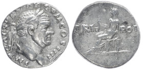 Vespasian, 69-79 AD. AR, Denarius. 3.30 g. 17.24 mm. Rome.
Obv: IMP CAES [VESP AV]G P M COS IIII. Head of Vespasian, laureate, right.
Rev: TRI POT. Ve...