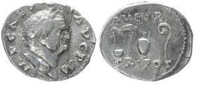 Vespasian, 69-79 AD. AR, Denarius. 3.31 g. 19.13 mm. Rome.
Obv: IMP CAES VESP AVG P M. Head of Vespasian, laureate, right.
Rev: AVGVR TRI POT. Simpulu...