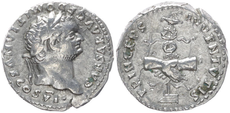 Domitian Caesar, 69-81 AD. AR, Denarius. 3.30 g. 18.77 mm. Rome.
Obv: CAESAR AVG...