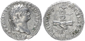 Domitian Caesar, 69-81 AD. AR, Denarius. 3.30 g. 18.77 mm. Rome.
Obv: CAESAR AVG F DOMITIANVS COS VI. Head of Domitian, laureate, right.
Rev: PRINCEPS...