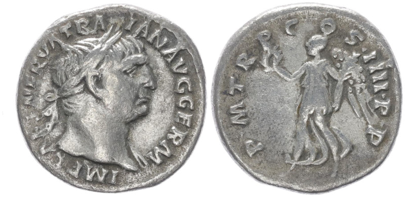 Trajan, 98-117 AD. AR, Denarius. 3.02 g. 17.90 mm. Rome.
Obv: IMP CAES NERVA TRA...