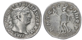 Trajan, 98-117 AD. AR, Denarius. 3.02 g. 17.90 mm. Rome.
Obv: IMP CAES NERVA TRAIAN AVG GERM. Bust of Trajan, laureate, with slight drapery, right. 
R...