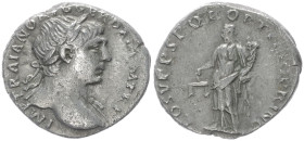Trajan, 98-117. AR, Denarius. 3.15 g. 18.47 mm. Rome.
Obv: IMP TRAIANO AVG GER DAC P M TR P. Bust of Trajan, laureate, draped on left shoulder, right....