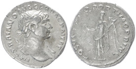 Trajan, 98-117 AD. AR, Denarius. 3.00 g. 19.44 mm. Rome.
Obv: IMP TRAIANO AVG GER DAC P M TR P. Bust of Trajan, laureate, draped on left shoulder, rig...