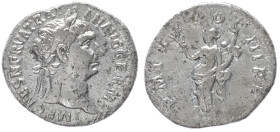 Trajan, 98-117 AD. AR, Denarius. 2.89 g. 19.15 mm. Rome.
Obv: IMP CAES NERVA TRAIAN AVG GERM. Head of Trajan, laureate, right.
Rev: P M TR P COS III P...