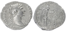 Trajan, 98-117 AD. AR, Denarius. 3.13 g. 19.18 mm. Rome.
Obv: IMP TRAIANO AVG GER DAC P M TR P COS VI P P. Bust of Trajan, laureate, draped on left sh...