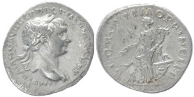 Trajan, 98-117 AD. AR, Denarius. 2.83 g. 19.53 mm. Rome.
Obv: IMP TRAIANO AVG GER DAC P M TR P COS V P P. Bust of Trajan, laureate, draped, cuirassed,...