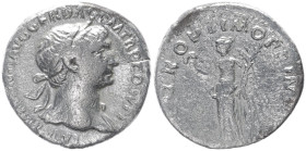 Trajan, 98-117 AD. AR, Denarius. 2.63 g. 17.82 mm. Rome.
Obv: [IMP TRAIANO] AVG GER DAC P M TR P COS V P P. Bust of Trajan, laureate, draped, right.
R...