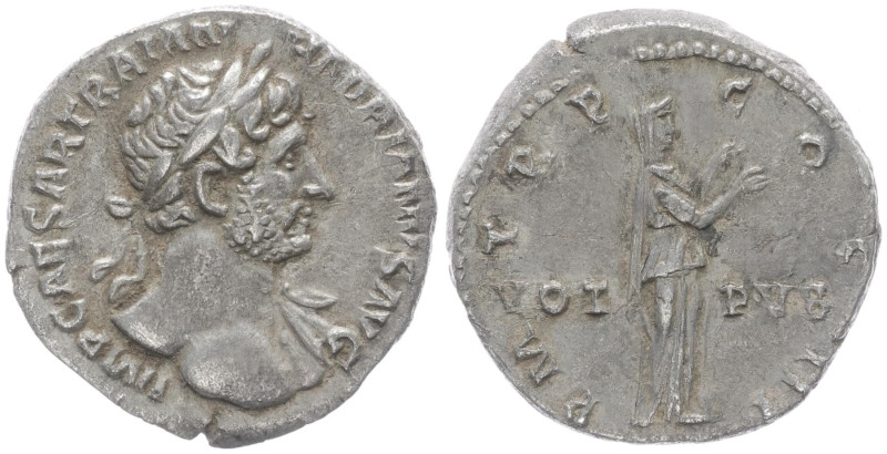 Hadrian, 117-138 AD. AR, Denarius. 2.82 g. 18.35 mm. Rome. 
Obv: IMP CAESAR TRAI...