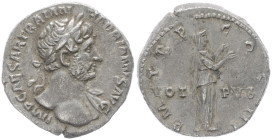 Hadrian, 117-138 AD. AR, Denarius. 2.82 g. 18.35 mm. Rome. 
Obv: IMP CAESAR TRAIAN HADRIANVS AVG. Laureate bust of Hadrian, right; slight drapery on f...