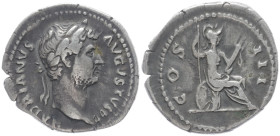Hadrian, 117-138 AD. AR, Denarius. 2.89 g. 19.16 mm. Rome.
Obv: HADRIANVS AVGVSTVS P P. Heaf of Hadrian, laureate, right.
Rev: COS III. Roma seated ri...