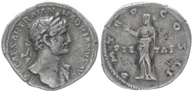 Hadrian, 117-138 AD. AR, Denarius. 3.01 g. 20.01 mm. Rome.
Obv: IMP CAESAR TRAIAN HADRIANVS AVG. Bust of Hadrian, laureate, slight drapery, right.
Rev...