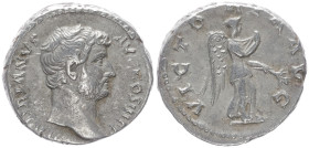 Hadrian, 117-138 AD. AR, Denarius. 3.07 g. 17.02 mm. Rome.
Obv: HADRIANVS AVG COS III P P. Head of Hadrian, bare, right.
Rev: VICTORIA AVG. Nemesis-Vi...