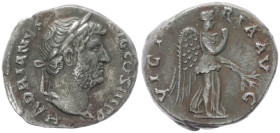 Hadrian, 117-138 AD. AR, Denarius. 3.07 g. 17.06 mm. Rome.
Obv: HADRIANVS AVG COS III P P. Head of Hadrian, laureate, right.
Rev: VICTORIA AVG. Nemesi...