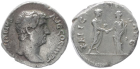 Hadrian, 117-138 AD. AR, Denarius. 2.97 g. 16.91 mm. Rome.
Obv: HADRIANVS AVG COS III P P. Head of Hadrian, right.
Rev: FELICITAS AVG. Hadrian standin...