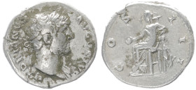 Hadrian, 117-138 AD. AR, Denarius. 3.21 g. 18.37 mm. Rome.
Obv: HADRIANVS AVGVSTVS P P: Head of Hadrian, laureate, right.
Rev: COS III. Concordia seat...