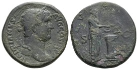 Hadrian, 117-138 AD. AE, Sestertius. 25.94 g. 30.90 mm. Rome.
Obv: HADRIANVS AVG COS III P P. Head of Hadrian, laureate, right.
Rev: [SA]LV[S AVG], ...