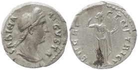 Sabina Augusta, 128-136/7 AD. AR, Denarius. 3.20 g. 17.28 mm. Rome.
Obv: SABINA AVGVSTA. Bust of Sabina, diademed, wearing stephane with hair in queue...