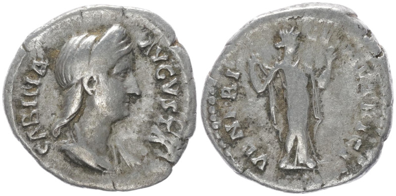 Sabina Augusta, 128-137 AD. AR, Denarius. 3.05 g. 18.83 mm. Rome.
Obv: SABINA AV...