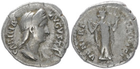 Sabina Augusta, 128-137 AD. AR, Denarius. 3.05 g. 18.83 mm. Rome.
Obv: SABINA AVGVSTA. Bust of Sabina, diademed, wearing stephane with hair in queue, ...