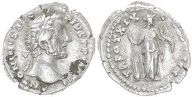 Antoninus Pius, 138-161 AD. AR, Denarius. 3.11 g. 18.15 mm. Rome.
Obv: ANTONINVS AVG PIVS P P IMP II. Head of Antoninus Pius, laureate, right.
Rev: TR...