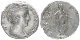 Dıva Faustina I, Died 140/1 AD. AR, Denarius. 2.54 g. 16.13 mm. Rome.
Obv: DIVA FAVSTINA. Bust of Faustina I, draped, right, hair elaborately waved in...
