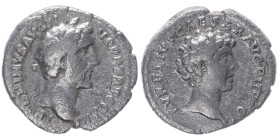 Antoninus Pius with Marcus Aurelius as Caesar, 138-161 AD. AR, Denarius. 2.64 g. 18.63 mm. Rome.
Obv: ANTONINVS AVG PIVS P P TR P COS III. Head of Ant...