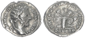 Marcus Aurelius, 139-161 AD. AR, Denarius. 2.74 g. 19.53 mm. Rome. Struck 177 AD.
Obv: M ANTONINVS AVG GERM SARM. Head of Marcus Aurelius, laureate, r...
