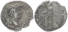 Marcus Aurelius, 139-161 AD. AR, Denarius. 3.05 g. 18.04 mm. Rome.
Obv: AVRELIVS CAESAR AVG PII F COS. Head of Marcus Aurelius, bare, right.
Rev: IVVE...