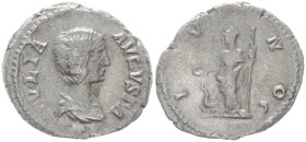 Julia Domna Augusta, 193-211 AD. AR, Denarius. 3.12 g. 19.38 mm. Rome.
Obv: IVLIA AVGVSTA. Bust of Julia Domna, hair waved and coiled at back, draped,...