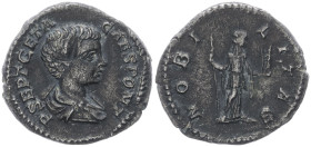 Geta, 198-209 AD. AR, Denarius. 2.68 g. 18.63 mm. Rome.
Obv: P SEPT GETA CAES PONT. Bust of Geta, bare-headed, draped, right.
Rev: NOBILITAS. Nobilita...
