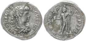 Caracalla, 197-217 AD. AR, Denarius. 2.85 g. 18.89 mm. Rome.
Obv: ANTONINVS AVGVSTVS. Bust of Caracalla, laureate, draped, cuirassed, right
Rev: PONTI...