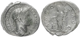 Severus Alexander, 222-235 AD. AR, Denarius. 2.75 g. 19.69 mm. Rome.
Obv: IMP C M AVR SEV ALEXANDER AVG. Bust of Severus Alexander, laureate, draped, ...