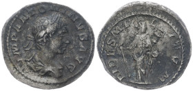 Elagabalus, 218-222 AD. AR, Denarius. 2.48 g. 19.35 mm. Rome.
Obv: IMP ANTONINVS AVG. Bust of Elagabalus, laureate, draped, right.
Rev: FIDES MILITVM....