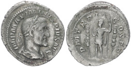 Maximinus Thrax, 235-238 AD. AR, Denarius. 2.88 g. 21.44 mm. Rome.
Obv: IMP MAXIMINVS PIVS AVG. Bust of Maximinus I, laureate, draped, cuirassed, righ...